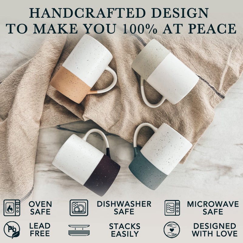 MORA CERAMICS HIT PAUSE Mora Ceramics 12oz Coffee Mug Set of 4 - Tea Cups with Handle - Microwave and Dishwasher Safe, Perfect For Mug Lovers - Rustic Matte Glaze, Modern Design - Assorted Colors - Image 4