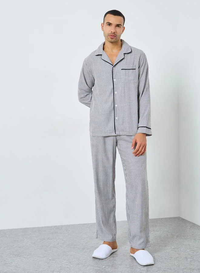 Styli Styli Men Striped Buttoned Shirt and Cotton Pyjama Se