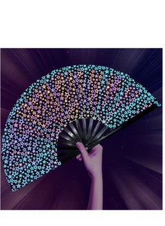 Wooden Folding Fan, UV Glow Rave Foldable Fan Shining Star Pattern Wooden Foldable Fan, Chinese Vintage Bamboo Silk Fans for Party Wedding Dancing Decoration Gift Performance Baby Shower (Star)