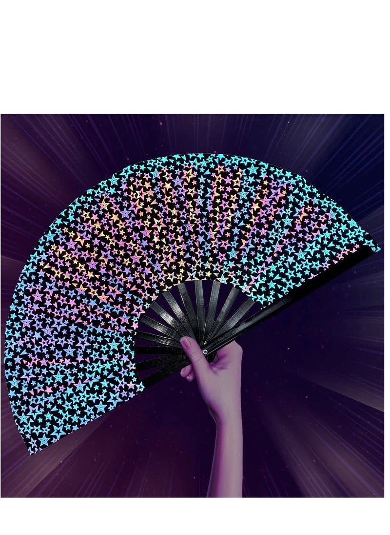 SYOSI - Wooden Folding Fan, UV Glow Rave Foldable Fan Shining Star Pattern Wooden Foldable Fan, Chinese Vintage Bamboo Silk Fans for Party Wedding Dancing Decoration Gift Performance Baby Shower (Star) - Image 1