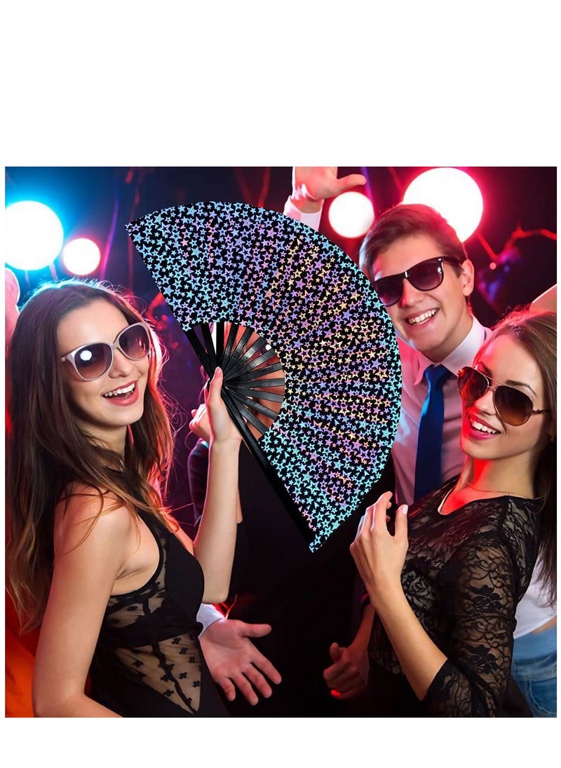 SYOSI - Wooden Folding Fan, UV Glow Rave Foldable Fan Shining Star Pattern Wooden Foldable Fan, Chinese Vintage Bamboo Silk Fans for Party Wedding Dancing Decoration Gift Performance Baby Shower (Star) - Image 1