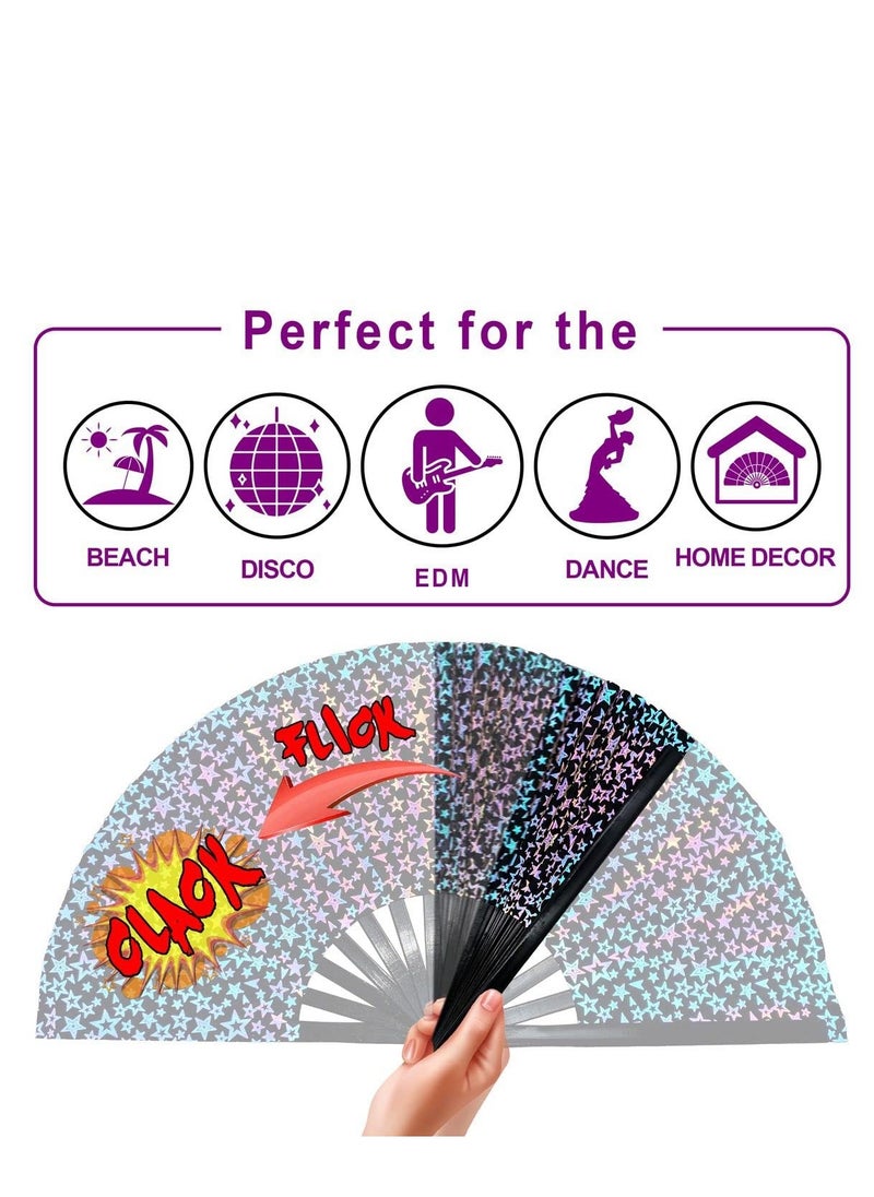 SYOSI - Wooden Folding Fan, UV Glow Rave Foldable Fan Shining Star Pattern Wooden Foldable Fan, Chinese Vintage Bamboo Silk Fans for Party Wedding Dancing Decoration Gift Performance Baby Shower (Star) - Image 1
