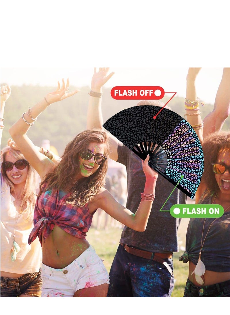 SYOSI - Wooden Folding Fan, UV Glow Rave Foldable Fan Shining Star Pattern Wooden Foldable Fan, Chinese Vintage Bamboo Silk Fans for Party Wedding Dancing Decoration Gift Performance Baby Shower (Star) - Image 1