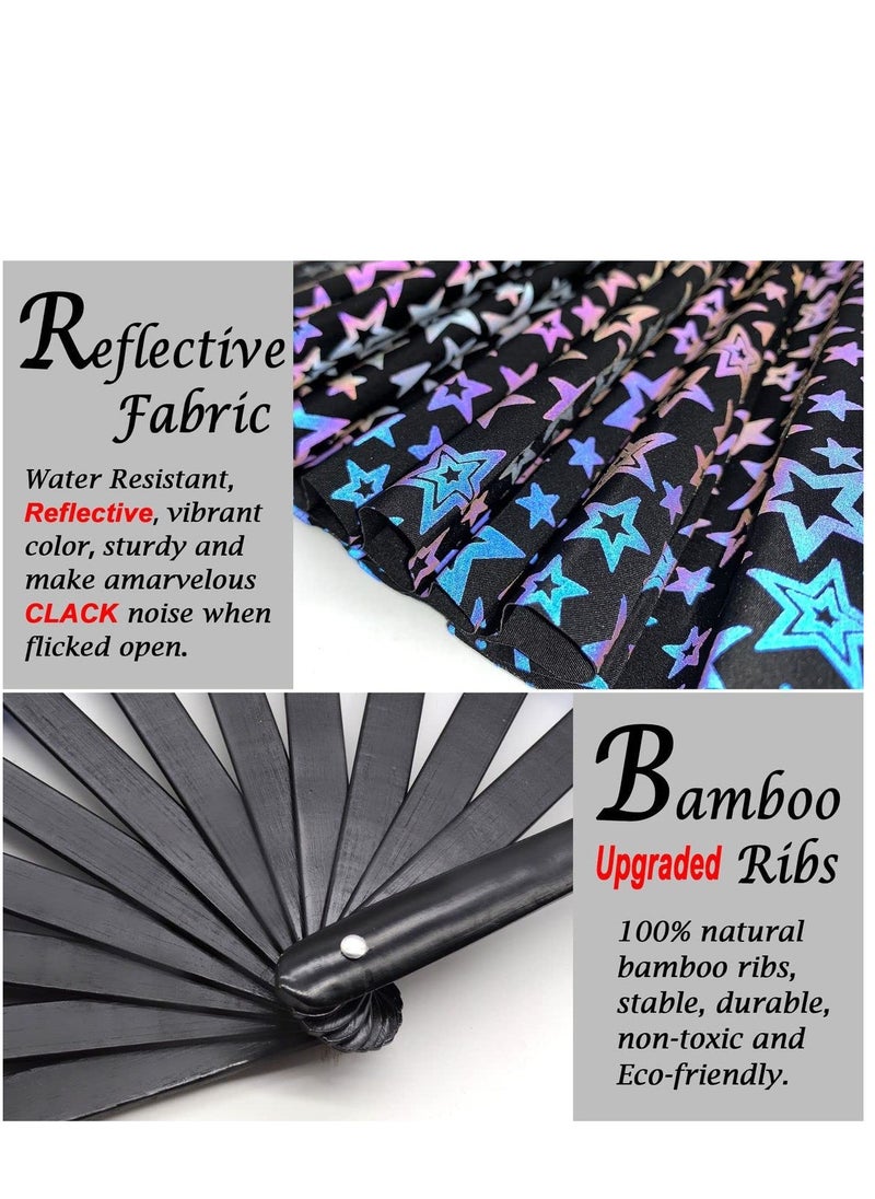 SYOSI - Wooden Folding Fan, UV Glow Rave Foldable Fan Shining Star Pattern Wooden Foldable Fan, Chinese Vintage Bamboo Silk Fans for Party Wedding Dancing Decoration Gift Performance Baby Shower (Star) - Image 1