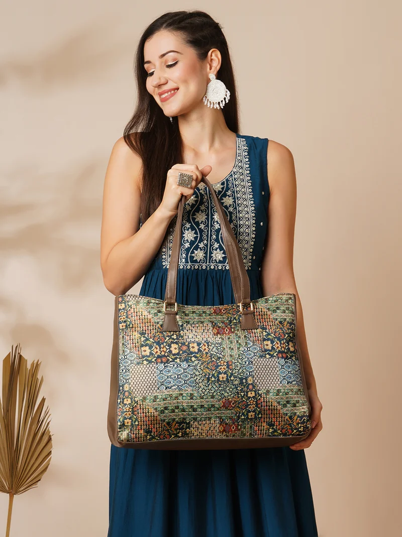 Globus Women Multi Green Ethnic Motifs Printed Oversized Tote With Up To 16 Inch Laptop Size