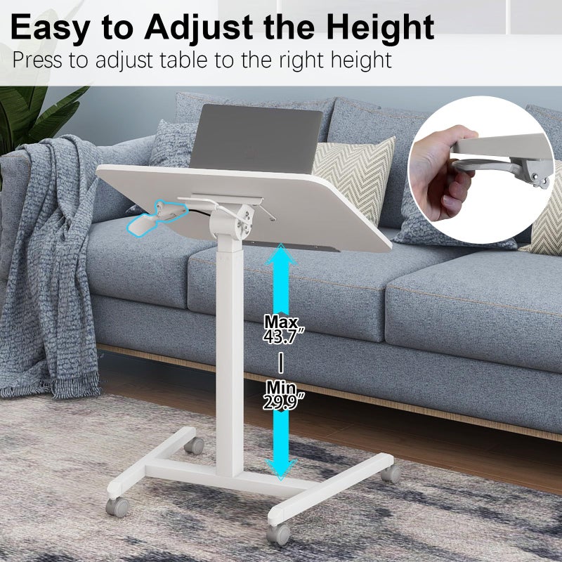 PUNCIA 90Â°Tiltable Small Standing Desk with Stoppers Mobile Rolling Laptop Table on Wheels Pneumatic Adjustable Height Computer Workstation Stand Up Cart Bedside Overbed Table for Home Office White - Image 3