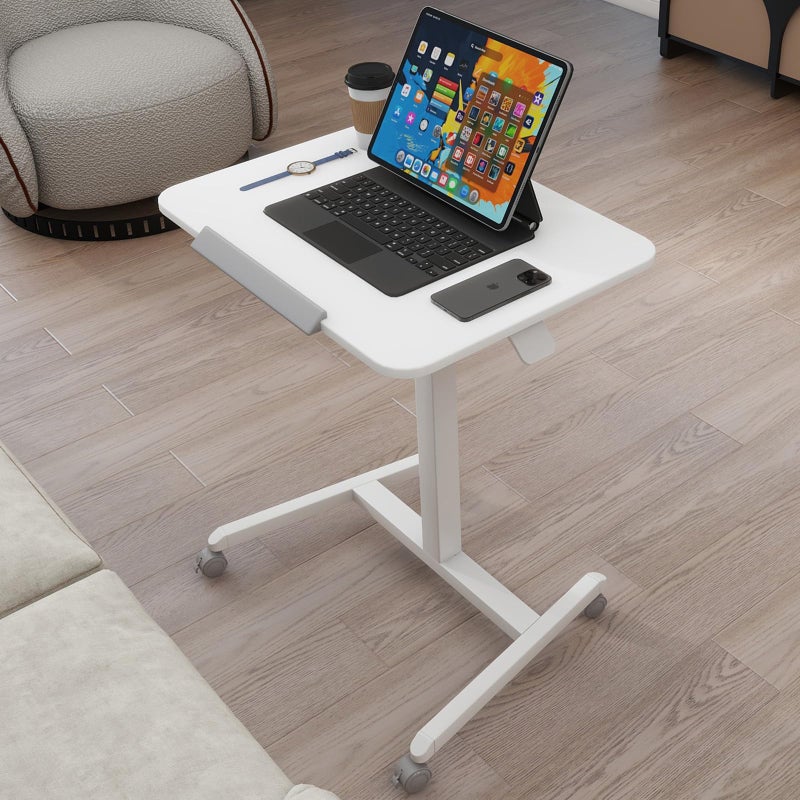PUNCIA 90Â°Tiltable Small Standing Desk with Stoppers Mobile Rolling Laptop Table on Wheels Pneumatic Adjustable Height Computer Workstation Stand Up Cart Bedside Overbed Table for Home Office White - Image 1