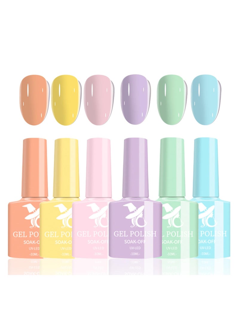 Pastel Gel Nail Polish, 6 Colors Light Colors Spring Summer Pastel Gel Polish, Pink Blue Orange Purple Yellow Green Nail Varnish Set Macaron Candy Series, Soak-Off UV LED DIY Nail Art - Image 1