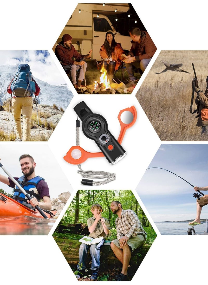 SYOSI - Emergency Survival Whistle, 7 in 1 Multifunctional Whistle, Outdoor Tool Safety Whistle with Lanyard, Emergency Whistle with Compass, Thermometer, Magnifying Glass, Reflector, LED Light, Storage Bin - Image 1