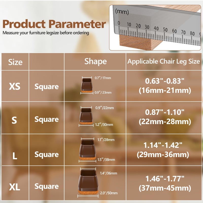BAIPOK 28Pcs Square Chair Leg Floor Protectors with Wrapped Felt Bottom, Silicone Chair Leg Protectors for Hardwood Floors, Chair Legs Cover Prevents Scratches & Reduce Noise (Brown L Fit 1.14"-1.42") - Image 2