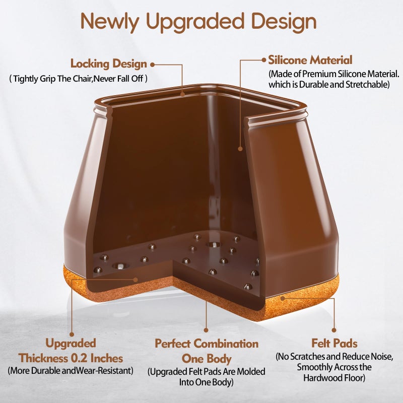 BAIPOK 28Pcs Square Chair Leg Floor Protectors with Wrapped Felt Bottom, Silicone Chair Leg Protectors for Hardwood Floors, Chair Legs Cover Prevents Scratches & Reduce Noise (Brown L Fit 1.14"-1.42") - Image 5