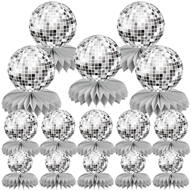 SPFYunion 15 PCS Silver Disco Theme Honeycomb Centerpieces Disco Ball Party Decorations 70s Disco Party Table Centerpieces for Back to 70s Party Supplies Favors - Image 1