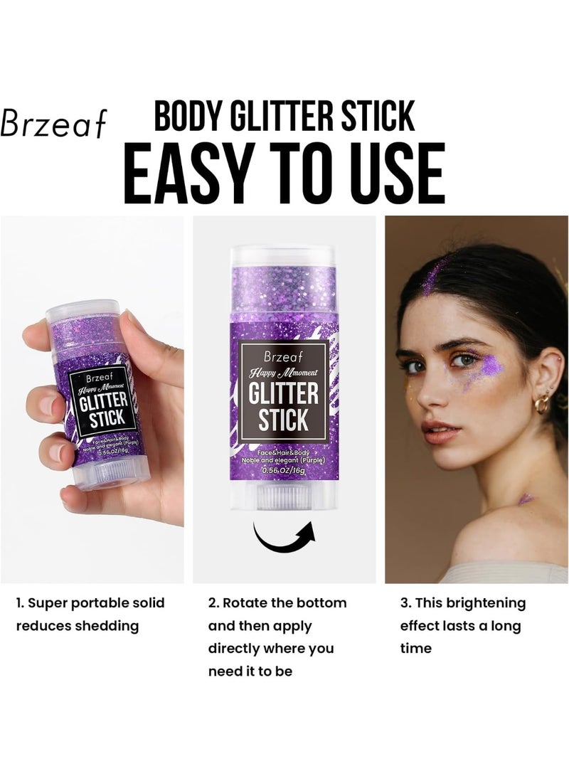 Brzeaf Purple Glitter Stick for Makeup, Not Greasy & Shimmery & Long Lasting, Chunky Glitter for Face/Body/Hair/Eyes, Singer Concert Music Christmas Rave Festival, Glitter Stick Makeup for Women Men - Image 3