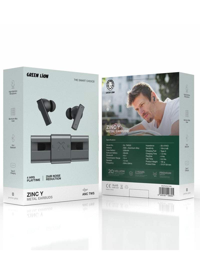 GREEN LION - Earbuds ZINC Y Metal TWS with ANC / High-Definition Microphone / 25dB Noise Reduction / ANC TWS / Perfect for Travel/ Work or Relaxation/ Stable and Uninterrupted Audio Streaming - Black - Image 1