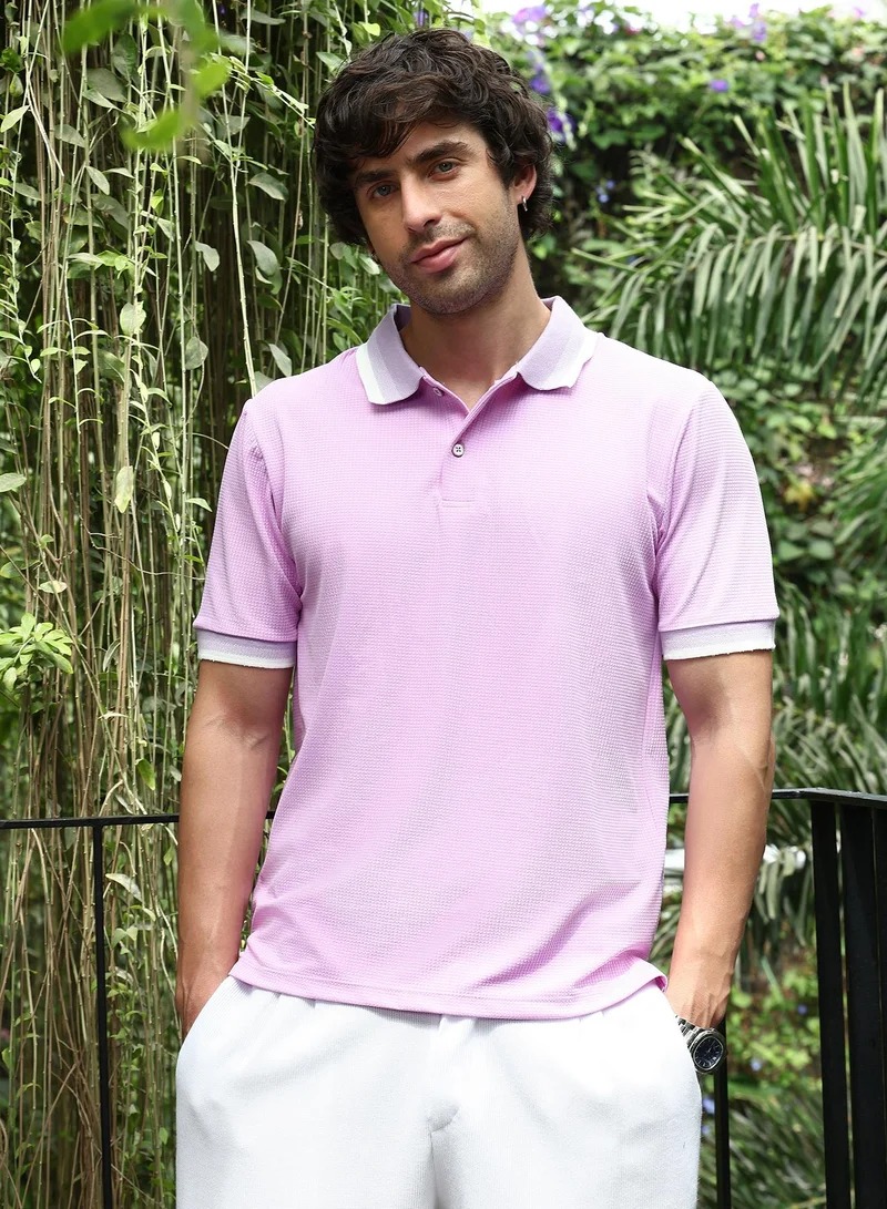 Campus Sutra Men Graph-Tactile Polo T-Shirt | Jacquard Polo Neck, Short Jacquard-Cuff Sleeves | Half-Button , Straight Hem | Solid Textured | Knitted Fabric For Casual & Daily Wear | Lavender
