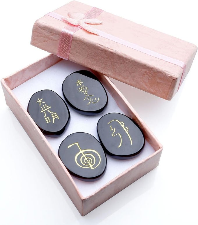 Black Agate Engraved Usui Reiki Symbols Chakra Stones Healing Palm Stone Decoration w/Box 4pcs