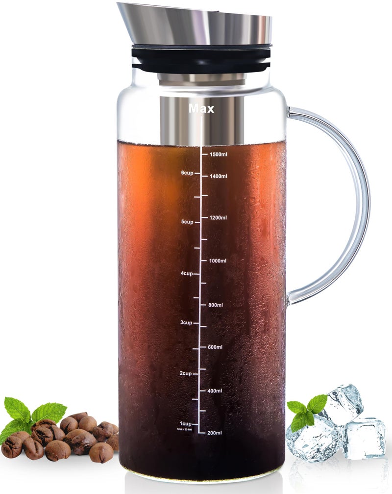 Aquach Aquach Cold Brew Coffee Iced Tea Maker  Fruit Pitcher  Large Capacity 51 Ounces  with Durable Glass CarafeFine Mesh Steel InfuserAirtight Lid 