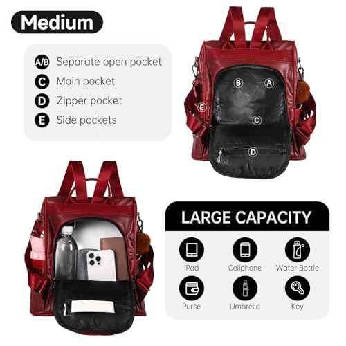 CHERUTY Women Backpack Purse PU Leather Anti-theft Casual Shoulder Bag Fashion Ladies Satchel Bags(Burgundy) - Image 3