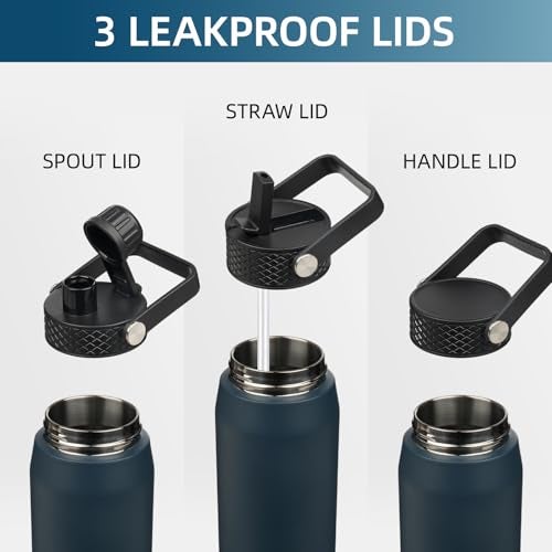 Konokyo 40oz Insulated Stainless Steel Water Bottle with Straw and 3 Lids, BPA-Free Sports Water Bottle,travel water bottle,Navy Blue - Image 3