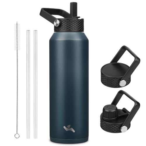 Konokyo 40oz Insulated Stainless Steel Water Bottle with Straw and 3 Lids, BPA-Free Sports Water Bottle,travel water bottle,Navy Blue - Image 1