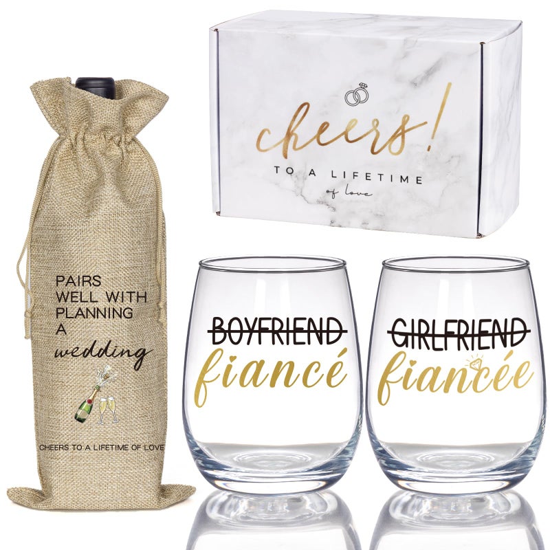 BUBOOM Engagement Gifts for Couples Boyfriend and Girlfriend Wine Glass and Wine Bag Gift Set Fiance Fiancee Gift for Him and Her Bride and Groom Wedding Gifts Bridal Shower Engaged Gifts for Newlywed