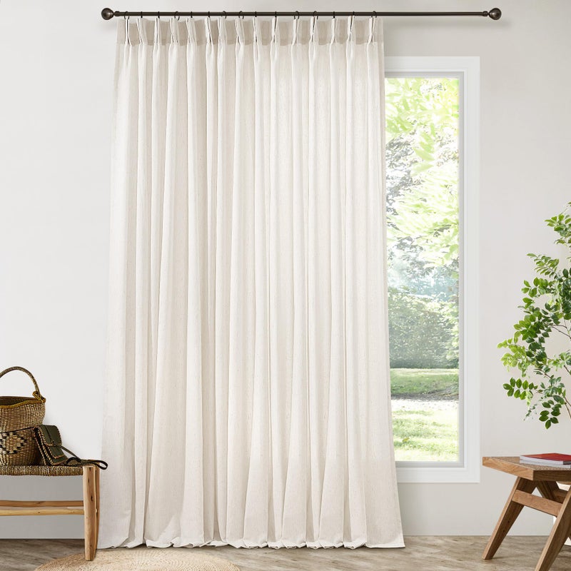 DUKIYO Pinch Pleat Linen Sheer Curtains 90 Inches Long 100 Inch Wide for Patio Sliding Door Light Filtering Semi Sheer Pleated Drapes Back Tab Cream Ivory Extra Wide 100 x 90 Curtain for Living Dining Room - Image 1