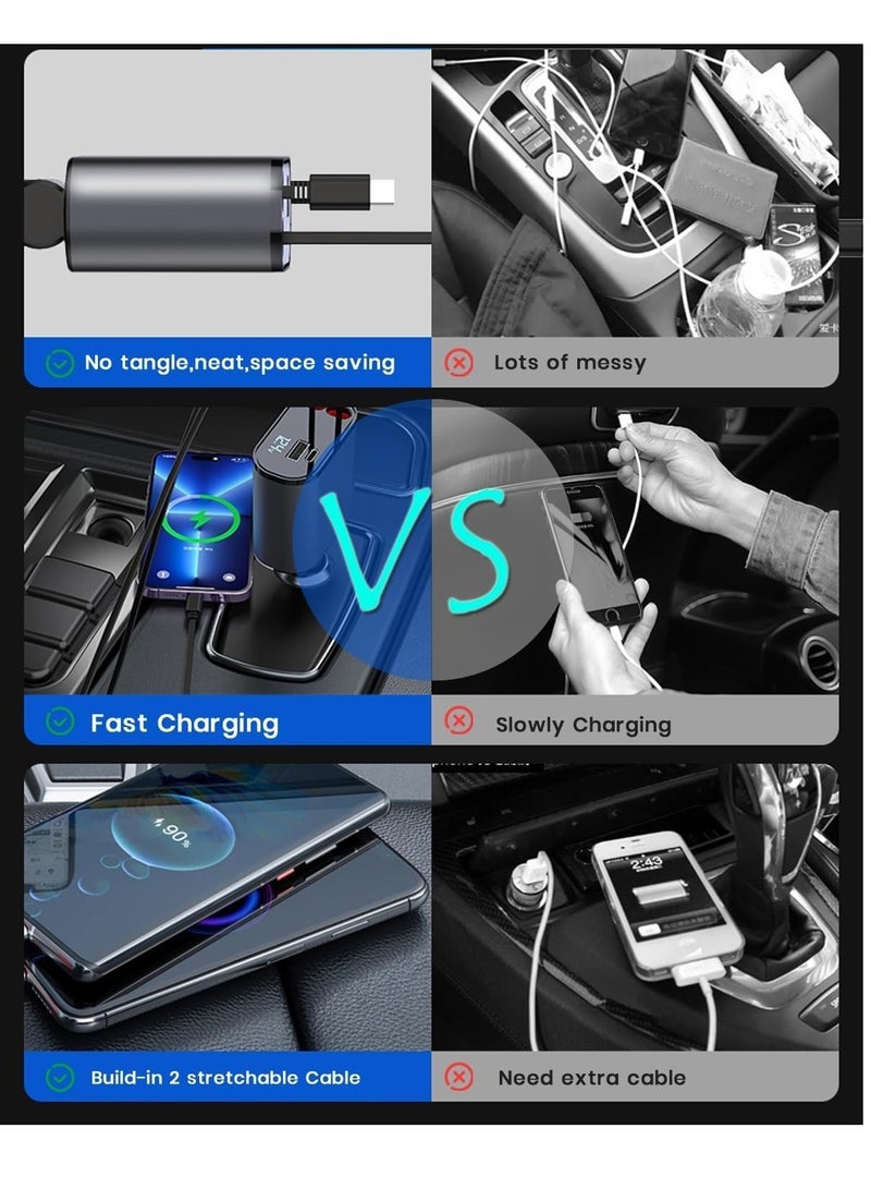 4-in-1 Car Charger with Dual Retractable Cable, Dual Port USB C PD Fast Charging Car Adapter Car Cigarette Lighter Adapter with Voltage Display Compatible with iPhone 14 13 Pro Max, iPad, Samsung - Image 5