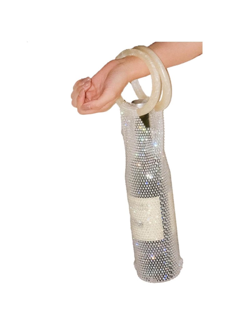 URTERYSER Stylish Resin Handle Wine Pouch Mesh And Embedded Rhinestones Bottle Holder Versatile Insulation Cup Bag For Daily Use Elegant Marble Handle Bag White - Image 2