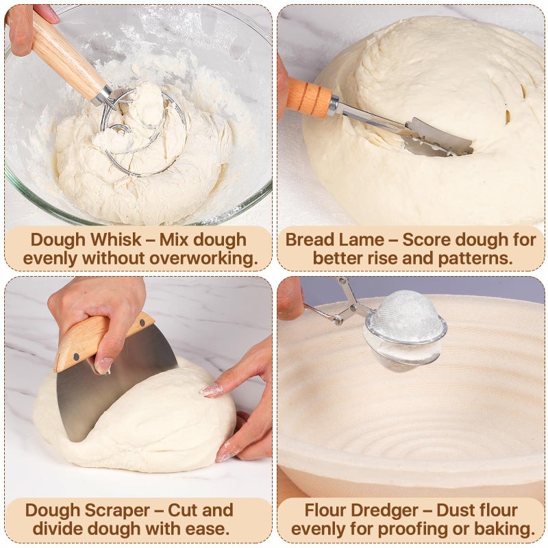 Risecret Non-Stick Wood Pulp Banneton Bread Proofing Basket Set With Aliquot Jar, 9" Round & 10'' Oval Sourdough Banneton Basket Kit, Bread Making Tool Sourdough Starter Kit with Proofing Bowl - Image 5