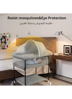 الأورلار سرير أطفال جانبي 4 في 1 مع ناموسية، ارتفاع قابل للتعديل، سلة تخزين، عجلات صامتة قابلة للقفل، مهد متنقل لحديثي الولادة والرضع  - Image 3