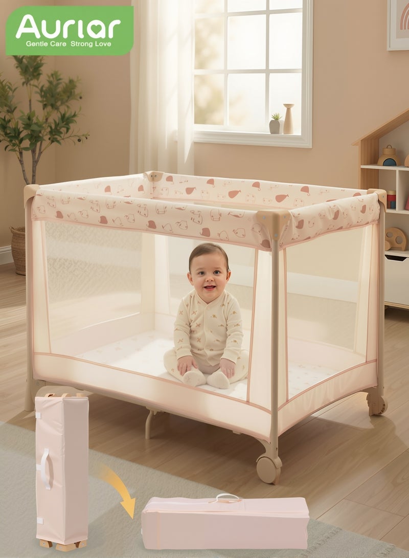 الأورلار سرير أطفال قابل للطي ٢ في ١ مع ساحة لعب محمولة – سرير سفر مع مرتبة، عجلات ٣٦٠°، جوانب شبكية، سهل التركيب للأطفال من حديثي الولادة حتى ٦ سنوات - Image 1
