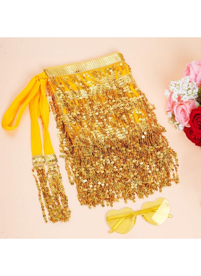 SUMERSHA - SUMERSHA Sequin Tassel Skirt Fringe Belly Dance Hip Scarf with Heart Sunglasses Feather Boa for Women Disco Rave Party Cowgirl Costume (Gold) - Image 1