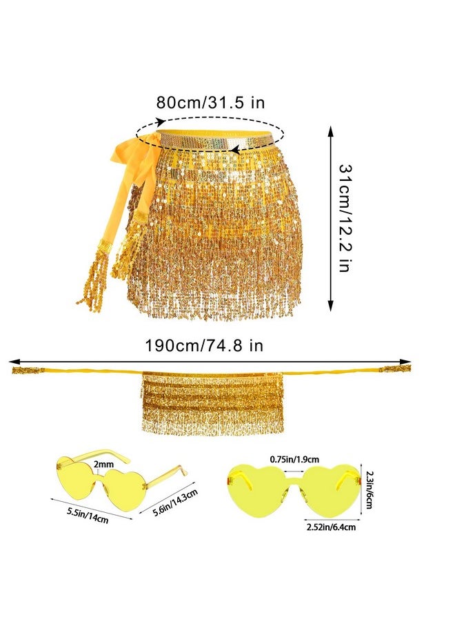 SUMERSHA - SUMERSHA Sequin Tassel Skirt Fringe Belly Dance Hip Scarf with Heart Sunglasses Feather Boa for Women Disco Rave Party Cowgirl Costume (Gold) - Image 1