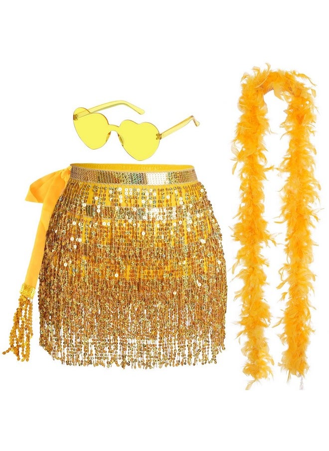 SUMERSHA - SUMERSHA Sequin Tassel Skirt Fringe Belly Dance Hip Scarf with Heart Sunglasses Feather Boa for Women Disco Rave Party Cowgirl Costume (Gold) - Image 1
