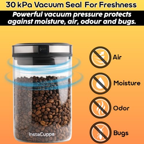 InstaCuppa Rechargeable Vacuum Canister 500g, Airtight Storage, 30kPa Vacuum Seal, USB-C Powered, 300+ Uses per Charge, LED Touch, Borosilicate Glass Jar for Coffee, Snacks, Cereals & Chocolate Powder - Image 3