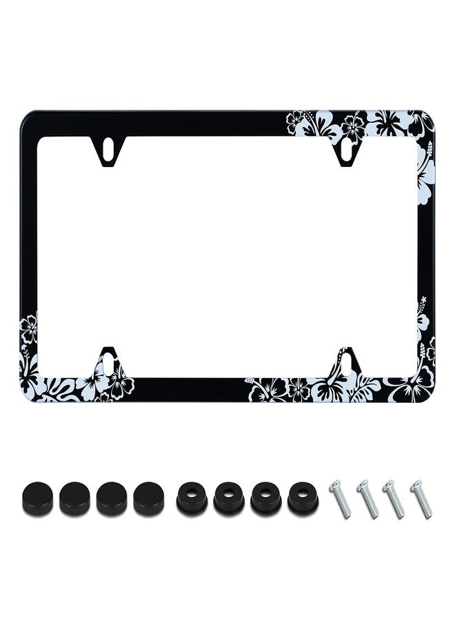 UNINDREM Hibiscus Flower License Plate Frame Hawiian Tropical Floral License Plate Holder Stainless Steel Rust-Proof Auto Parts Decoration with Screws for Men Women License Plate Cover 4 Holes 1pcs - Image 1