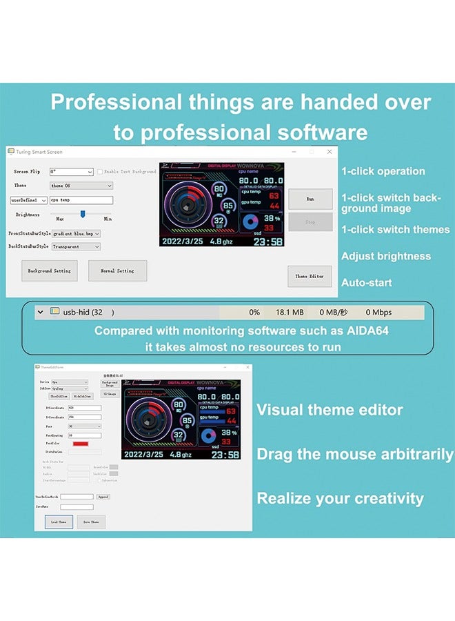 English Version Computer Temp Monitor, PC Sensor Panel Display, PC Temperature Display for PC ARGB Computer Case Secondary Screen, IPS USB Mini Screen PC CPU RAM HDD Data Monitor