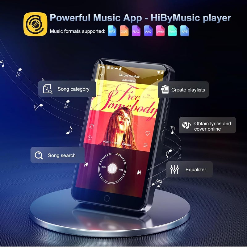 مشغل MP3 بسعة 80 جيجابايت مع بلوتوث وواي فاي، شاشة لمس IPS بحجم 4.0 بوصة، مشغل موسيقى أندرويد مع مكبر صوت مدمج، يدعم سبوتيفاي وأمازون ميوزيك وديزر وأوديبل وراديو FM، قابل للتوسيع حتى 512 جيجابايت (أسود) - Image 2