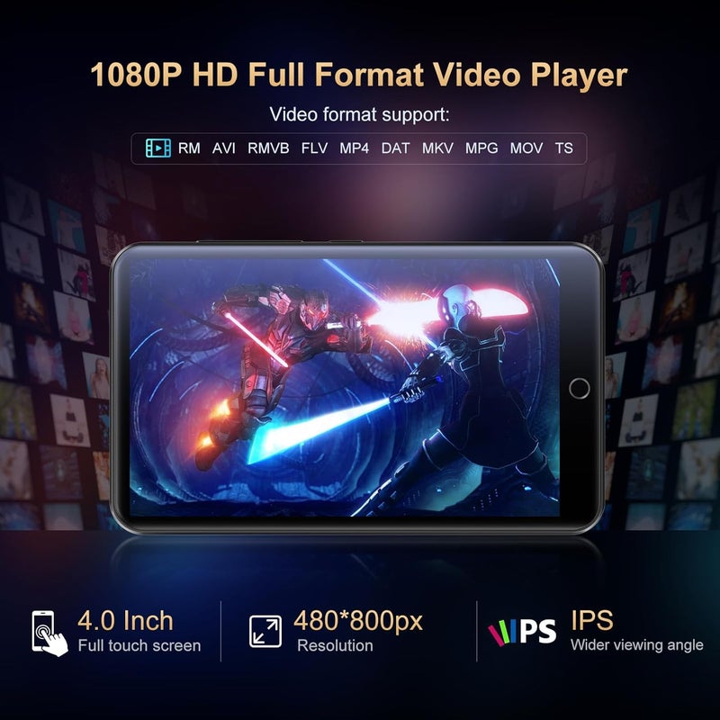 مشغل MP3 بسعة 80 جيجابايت مع بلوتوث وواي فاي، شاشة لمس IPS بحجم 4.0 بوصة، مشغل موسيقى أندرويد مع مكبر صوت مدمج، يدعم سبوتيفاي وأمازون ميوزيك وديزر وأوديبل وراديو FM، قابل للتوسيع حتى 512 جيجابايت (أسود) - Image 3