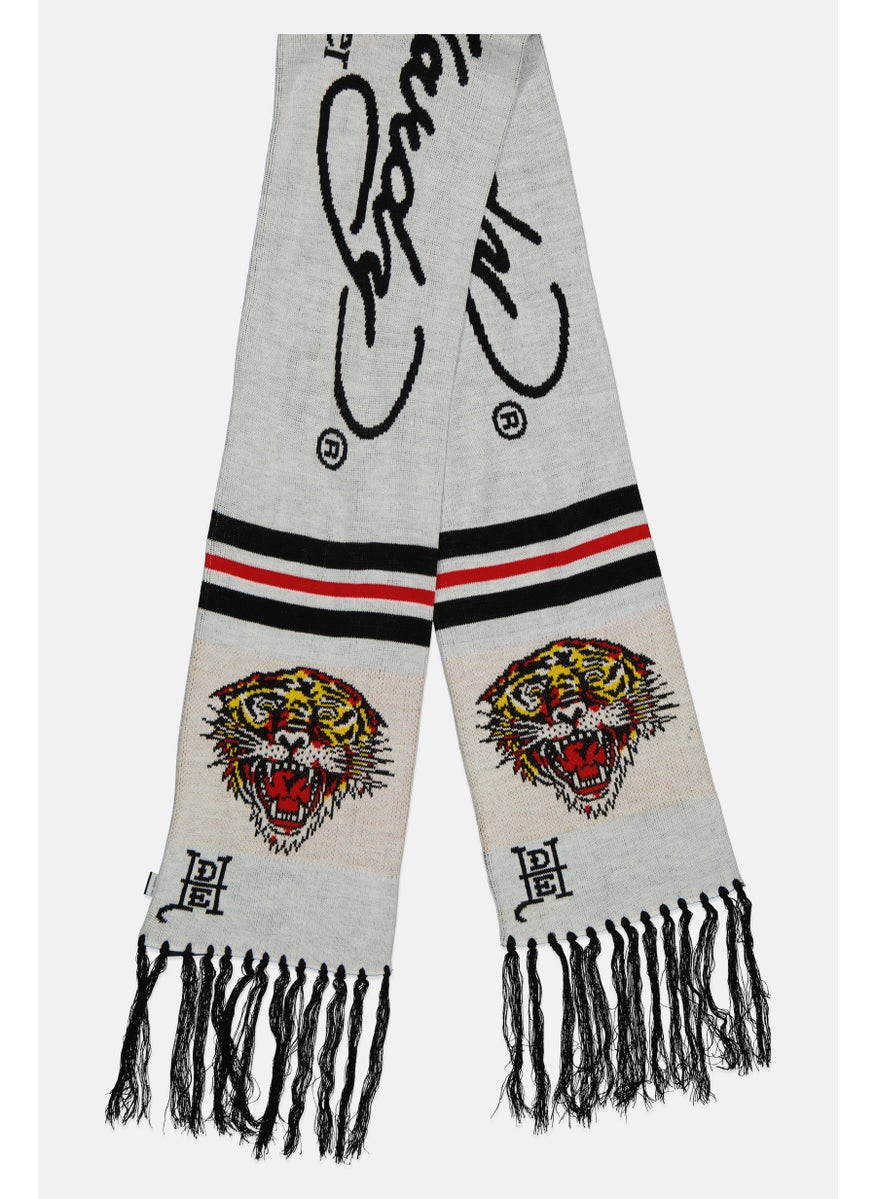 Ed Hardy Men Tiger Brand Logo Knitted Scarf 25 H x 190 L cm, Off White Combo  - Image 1