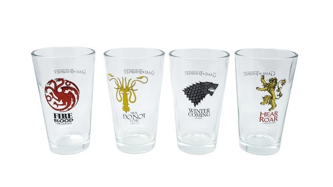 COLLECTIBLE PINT GLASS SET STARK TARGARYEN LANNISTER GREYJOY PREMIUM QUALITY 16 OZ CAPACITY PERFECT FOR BEER