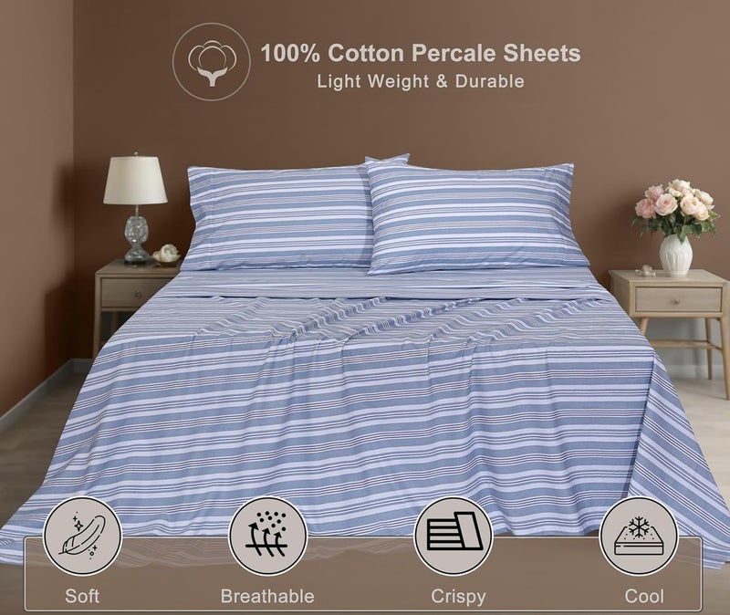 ZOYER 100% Cotton Percale Sheets Queen – Cooling Breathable Bed Sheets for Hot Sleepers, Crisp Hotel Style Bedding, Deep Pocket 16”, Lightweight Soft Durable 4 Pcs Sheet Set, Nautica Herringbone - Image 2