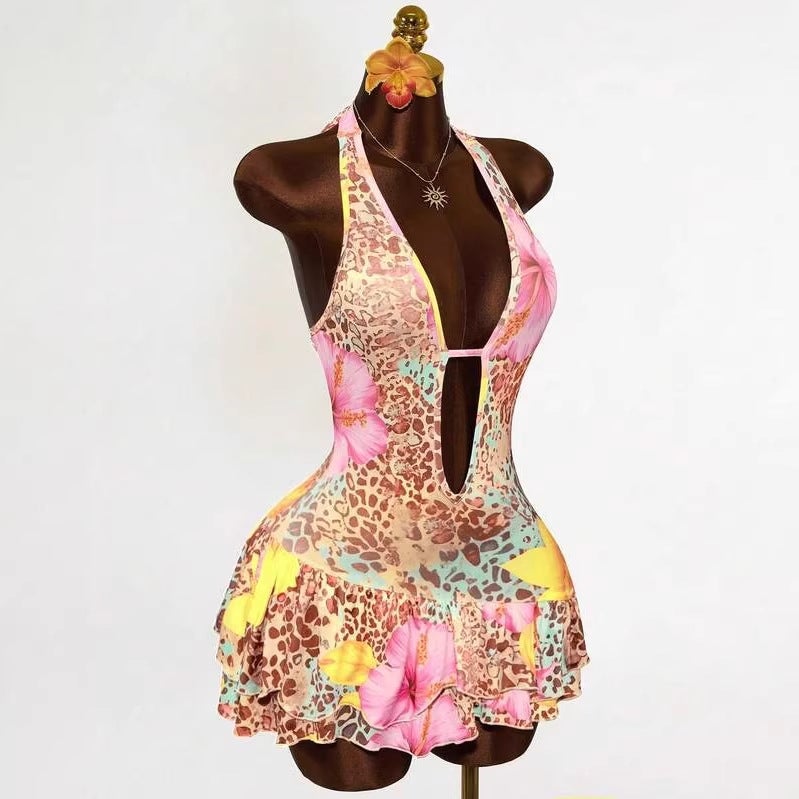 Halter Neck Deep V Leopard Print Ruffle Hem Bodycon Mini Dress - Image 1