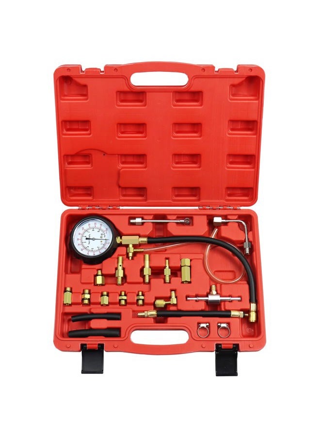 JoyFans Fuel Pressure Test Kit, TU-114 Fuel Injector Pump Pressure Tester Automotive Tool with Gauge Adapter for Schrader Test Port Fuel Injection System on Car Motorcycle Red Case - Image 1