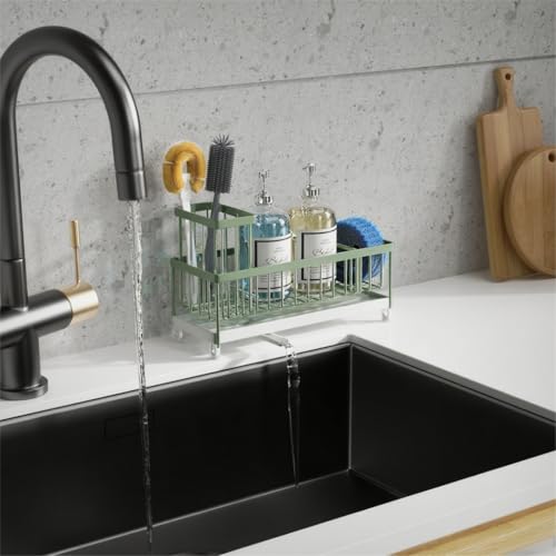 Moforoco Extra Large Sponge Holder for Kitchen Sink Organizer Caddy, Dish Brush Scrubber Holder,Stainless Steel Sink Box Utensil Holder,Soap Dispenser Set Tray Counter Accessories（Sage Green ） - Image 5
