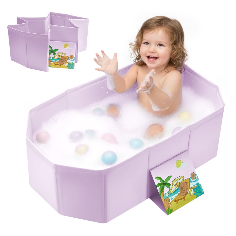 PGONEEE Baby Bathtub for Newborn to Toddlers, Foldable Infants Babies Bath Tub with Non-Slip Base and Drain Plug, Portable Bathtub for Home Outdoor (Pink, 75-45-25CM) - Image 1