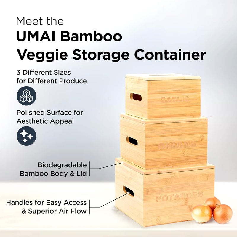UMAI Bamboo Potato, Onion, Garlic Storage Container|Vegetable Basket for Kitchen|Kitchen Organizer Items & Storage|Storage Organizer|Storage Box|Set of 3 (16.5X11cm, 20X12.7cm & 23X15cm) - Image 2