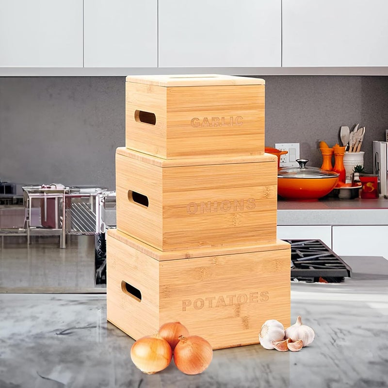 UMAI Bamboo Potato, Onion, Garlic Storage Container|Vegetable Basket for Kitchen|Kitchen Organizer Items & Storage|Storage Organizer|Storage Box|Set of 3 (16.5X11cm, 20X12.7cm & 23X15cm) - Image 1