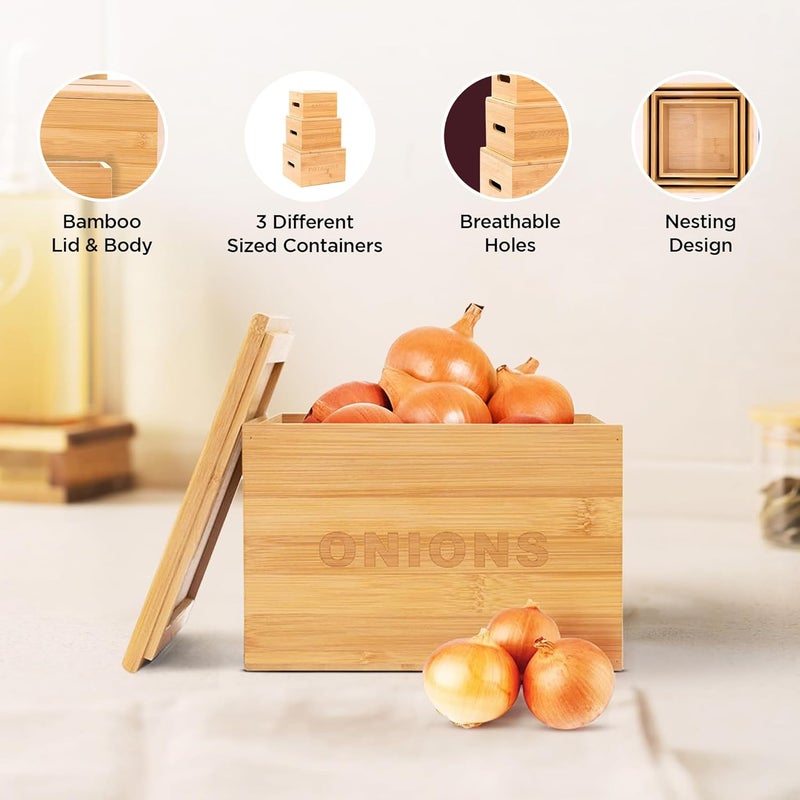 UMAI Bamboo Potato, Onion, Garlic Storage Container|Vegetable Basket for Kitchen|Kitchen Organizer Items & Storage|Storage Organizer|Storage Box|Set of 3 (16.5X11cm, 20X12.7cm & 23X15cm) - Image 3