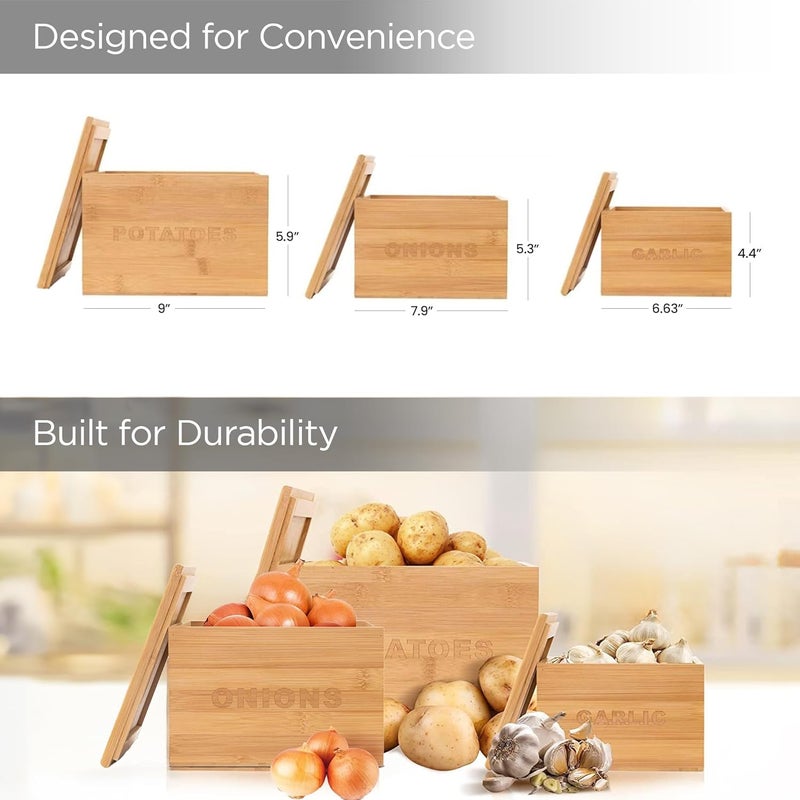 UMAI Bamboo Potato, Onion, Garlic Storage Container|Vegetable Basket for Kitchen|Kitchen Organizer Items & Storage|Storage Organizer|Storage Box|Set of 3 (16.5X11cm, 20X12.7cm & 23X15cm) - Image 4
